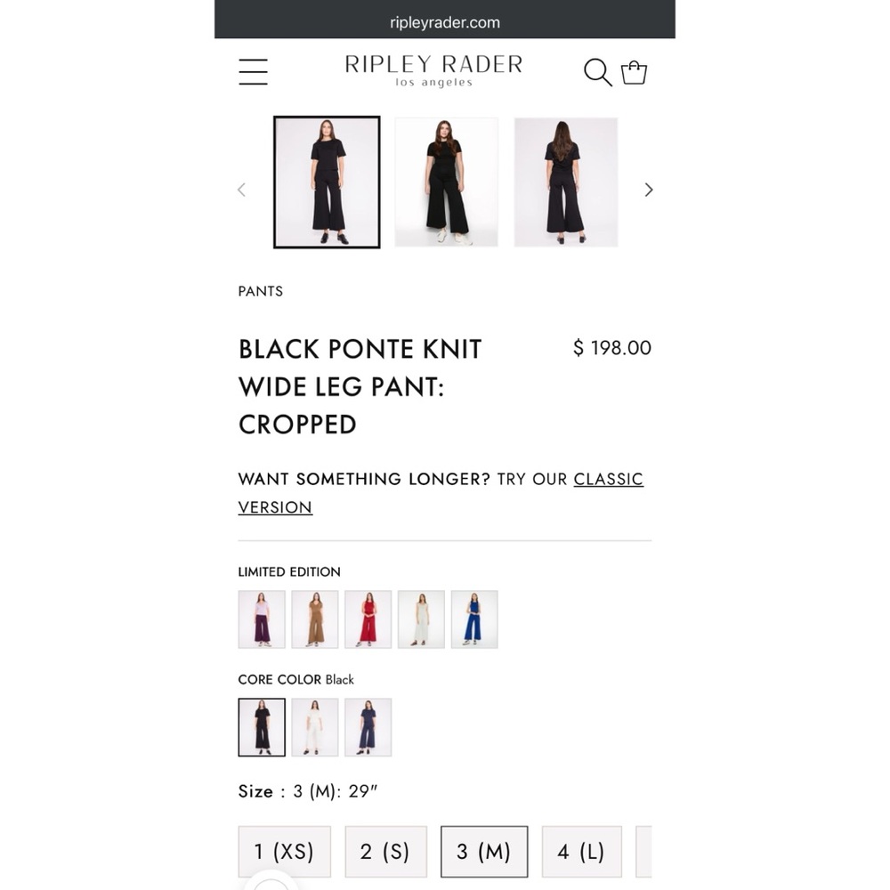 NWT Ripley Rader Cropped Black Ponte Knit Wide Leg Pant - Picture 3 of 4